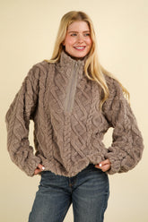 Fuzzy Fleece Half Zip Cable Pattern Sweatshirt Very J Charcoal S